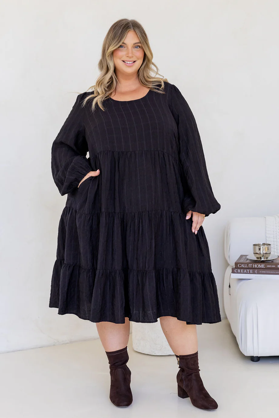 Long Sleeve Greta Midi Dress in Black