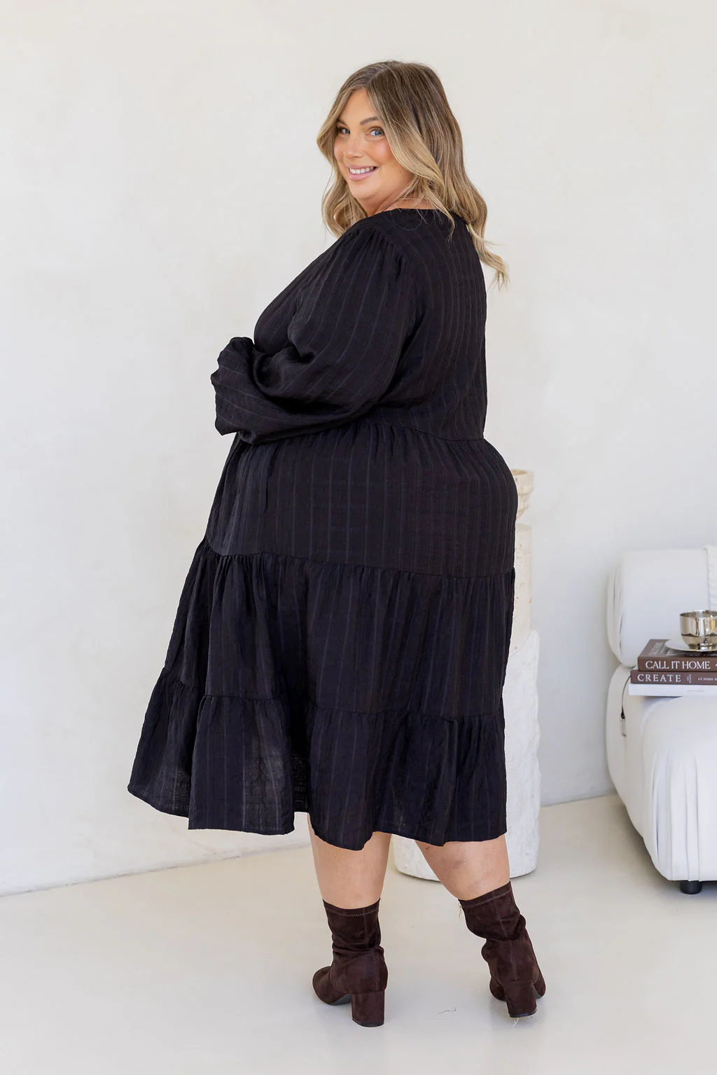Long Sleeve Greta Midi Dress in Black - Image 10