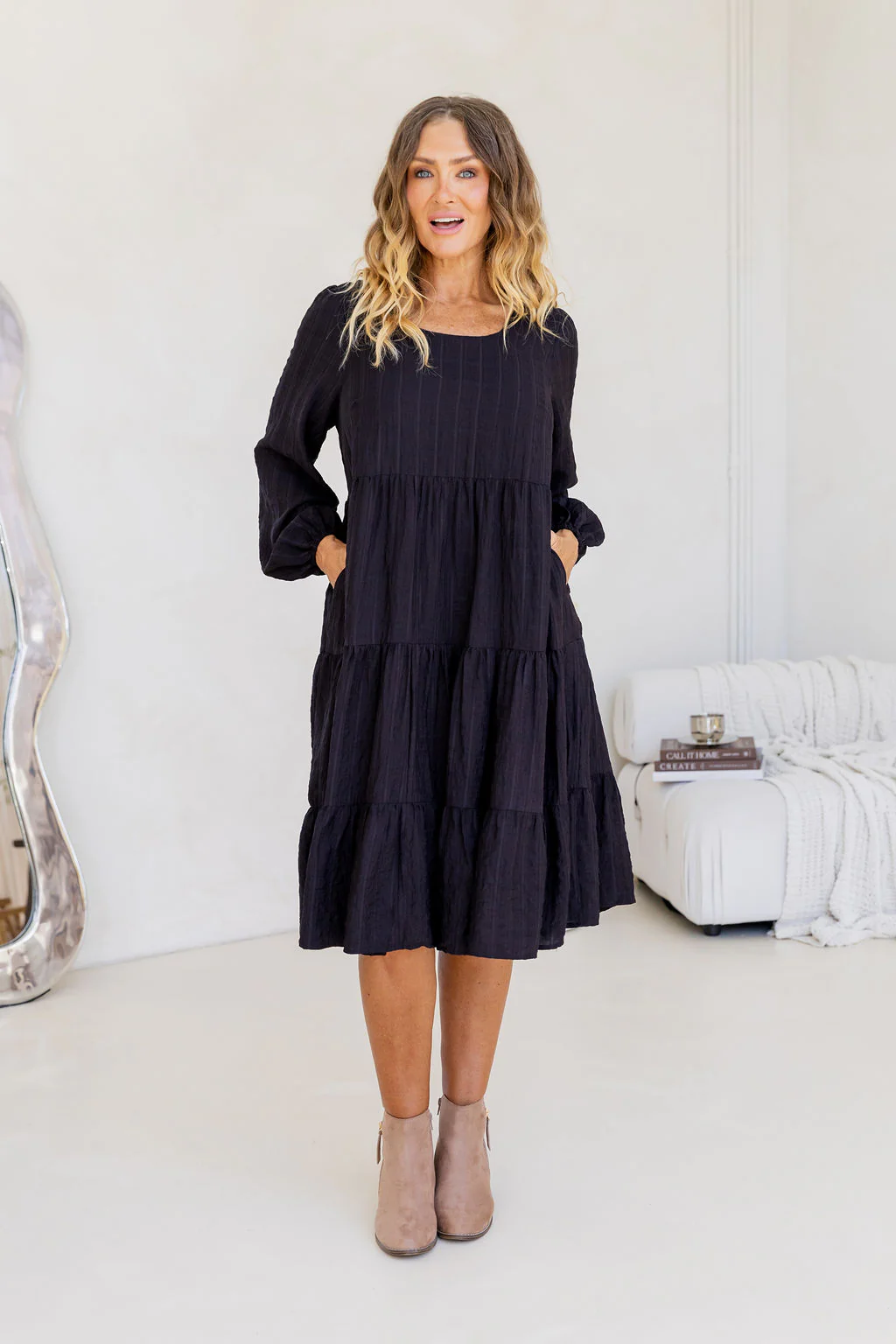 Long Sleeve Greta Midi Dress in Black - Image 11