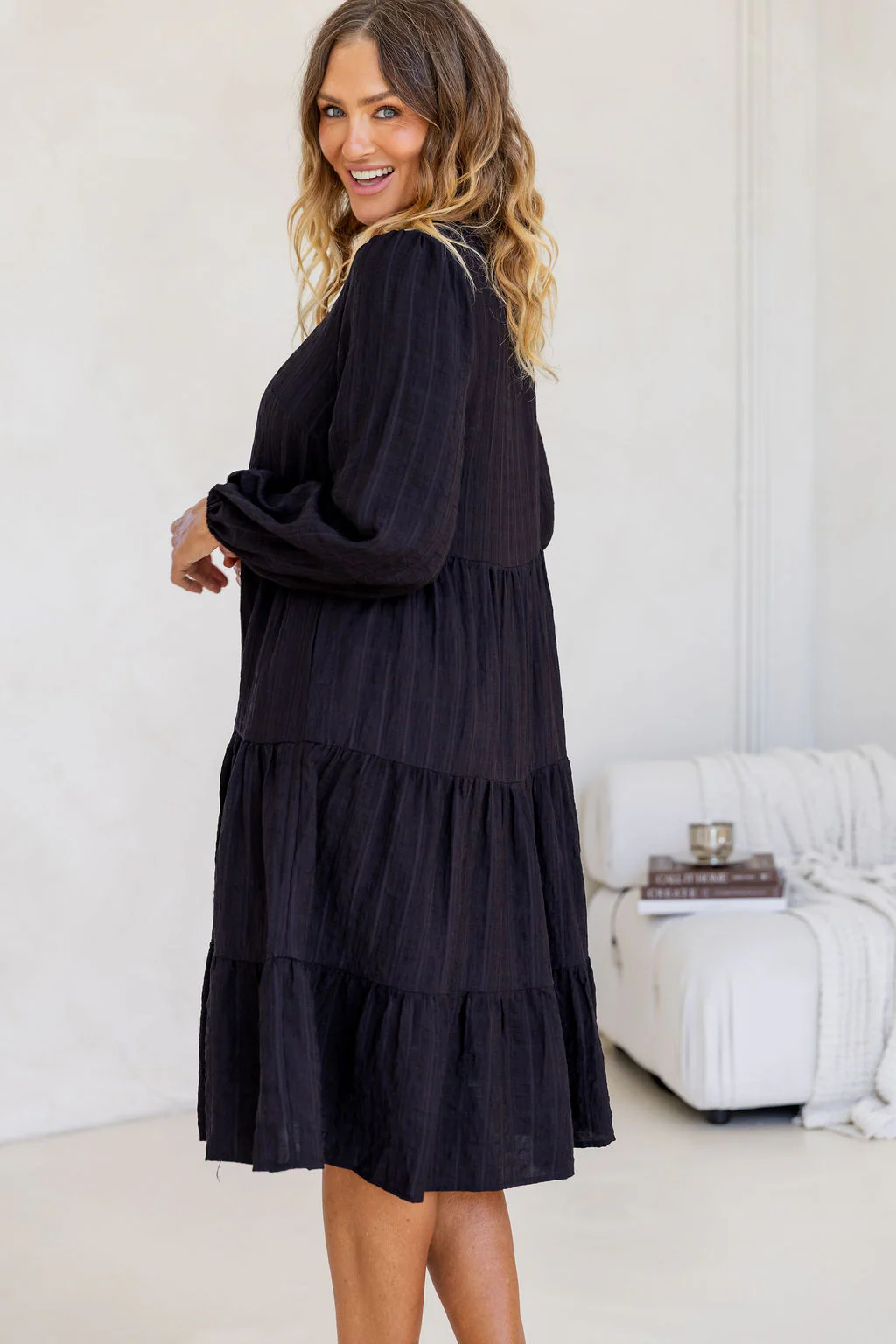 Long Sleeve Greta Midi Dress in Black - Image 16