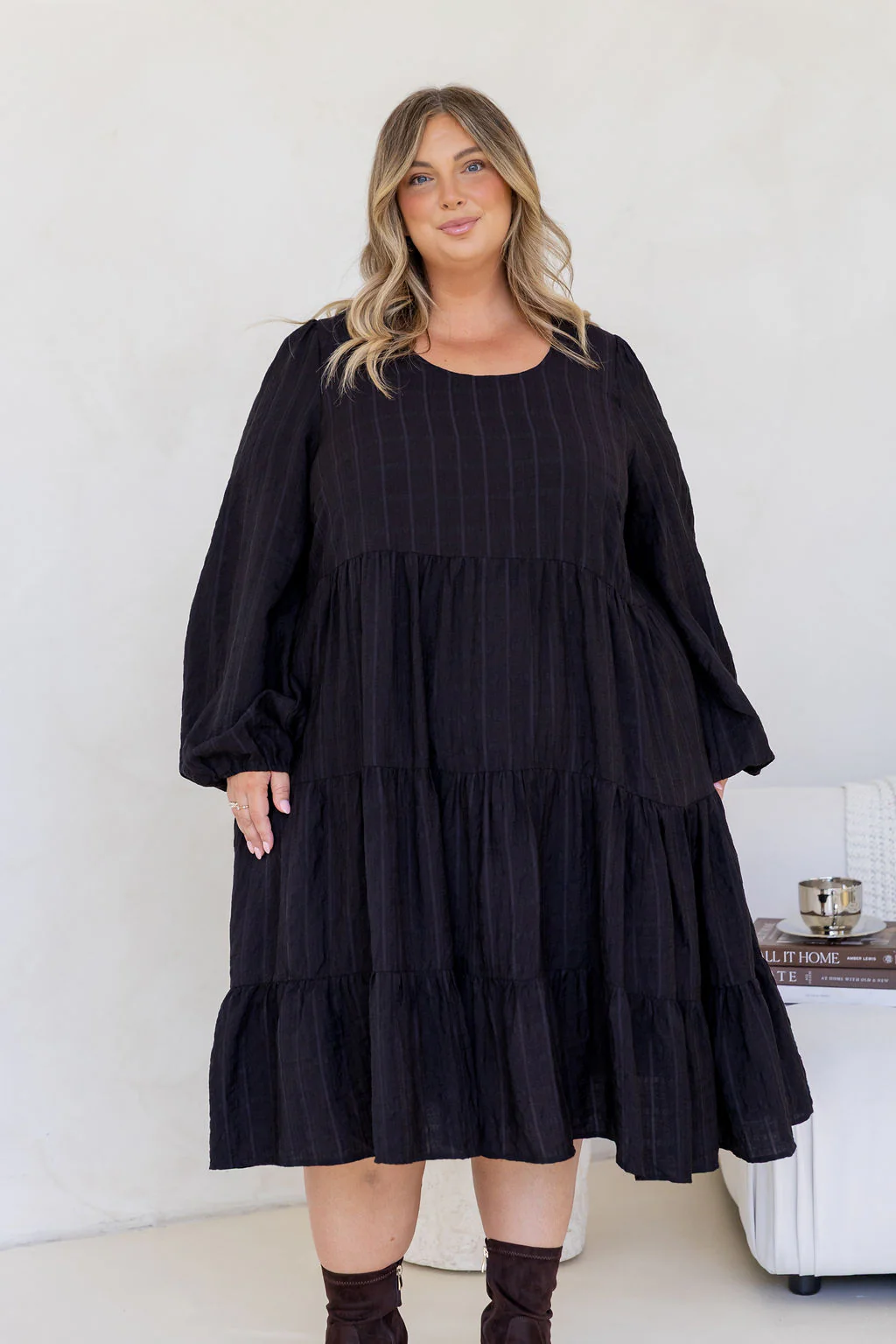 Long Sleeve Greta Midi Dress in Black - Image 3