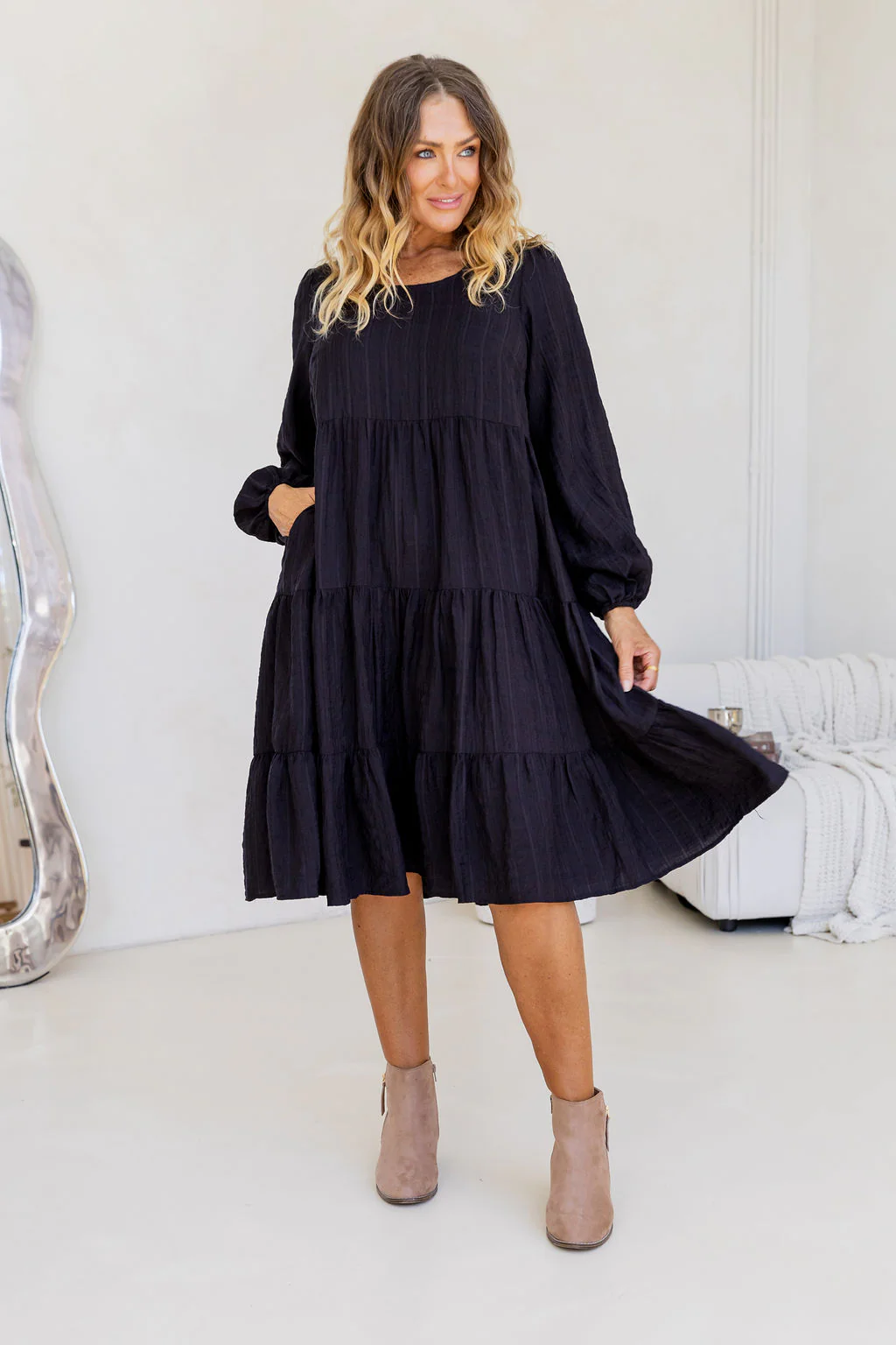Long Sleeve Greta Midi Dress in Black - Image 4