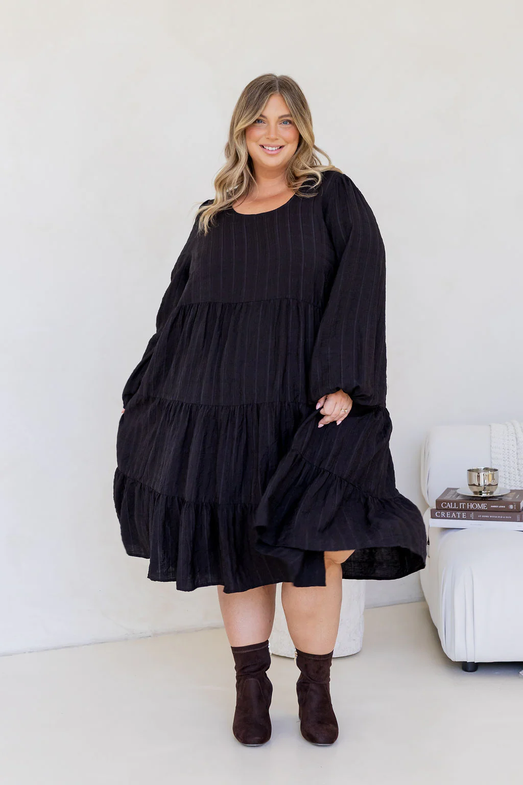 Long Sleeve Greta Midi Dress in Black - Image 5
