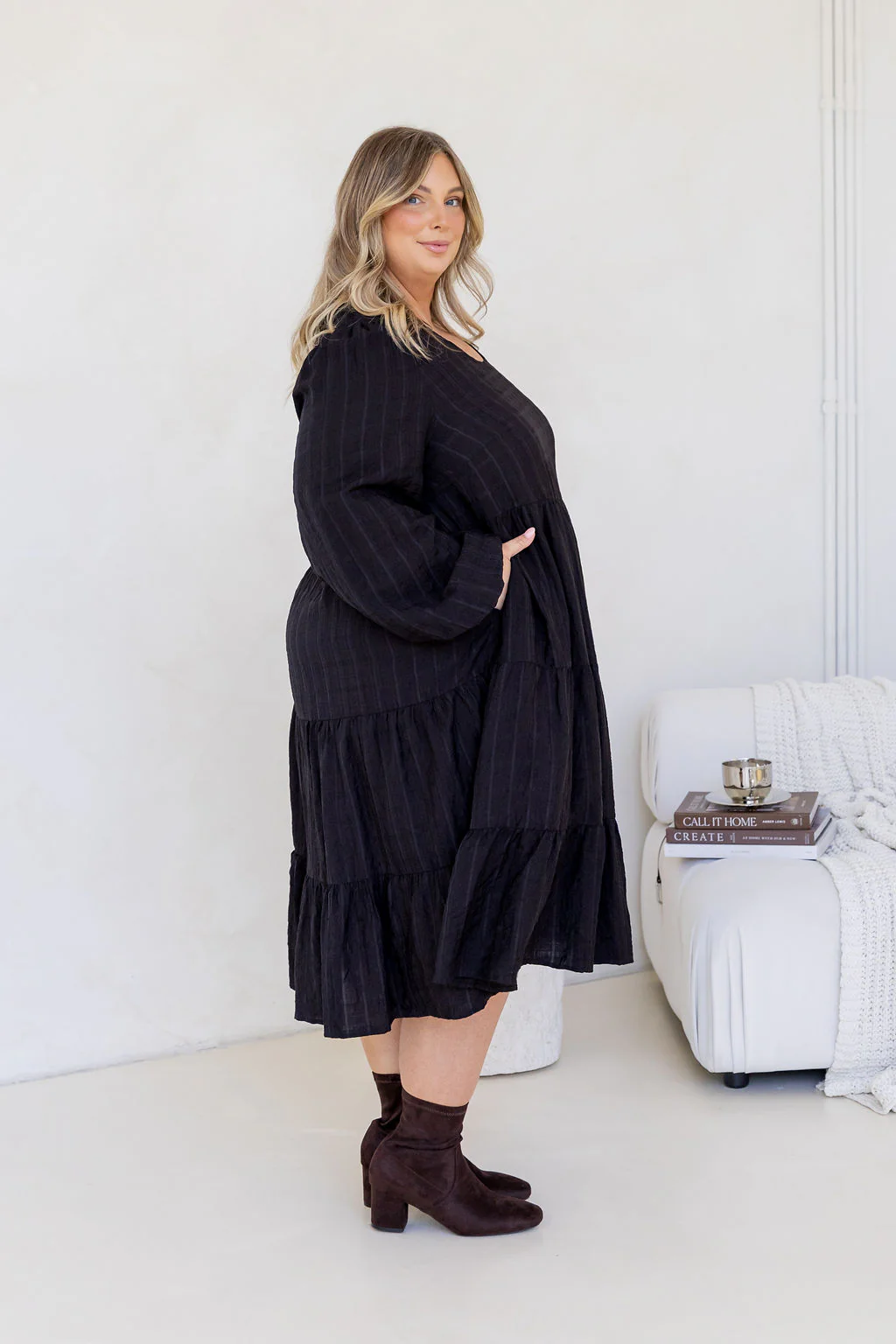 Long Sleeve Greta Midi Dress in Black - Image 6