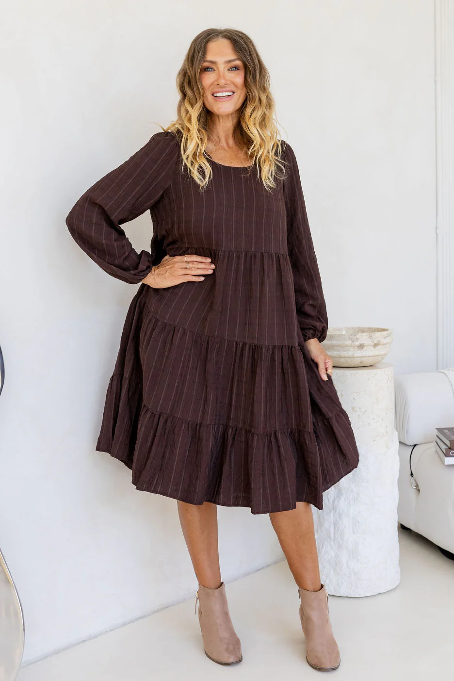 Long Sleeve Greta Midi Dress in Chocolate