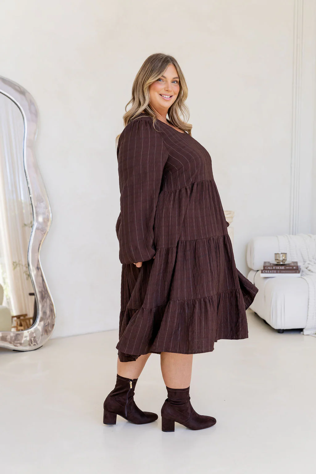Long Sleeve Greta Midi Dress in Chocolate - Image 10