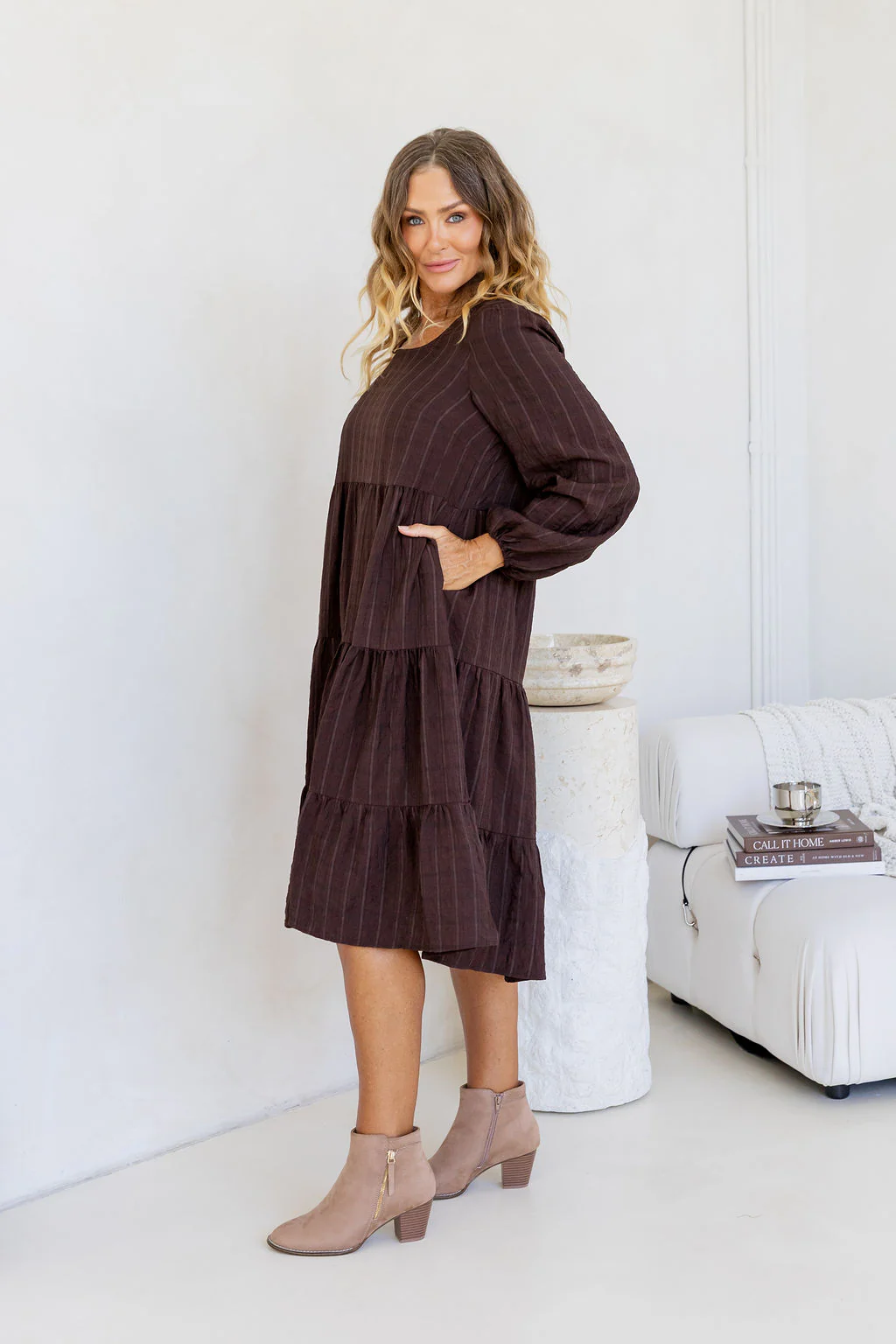 Long Sleeve Greta Midi Dress in Chocolate - Image 11