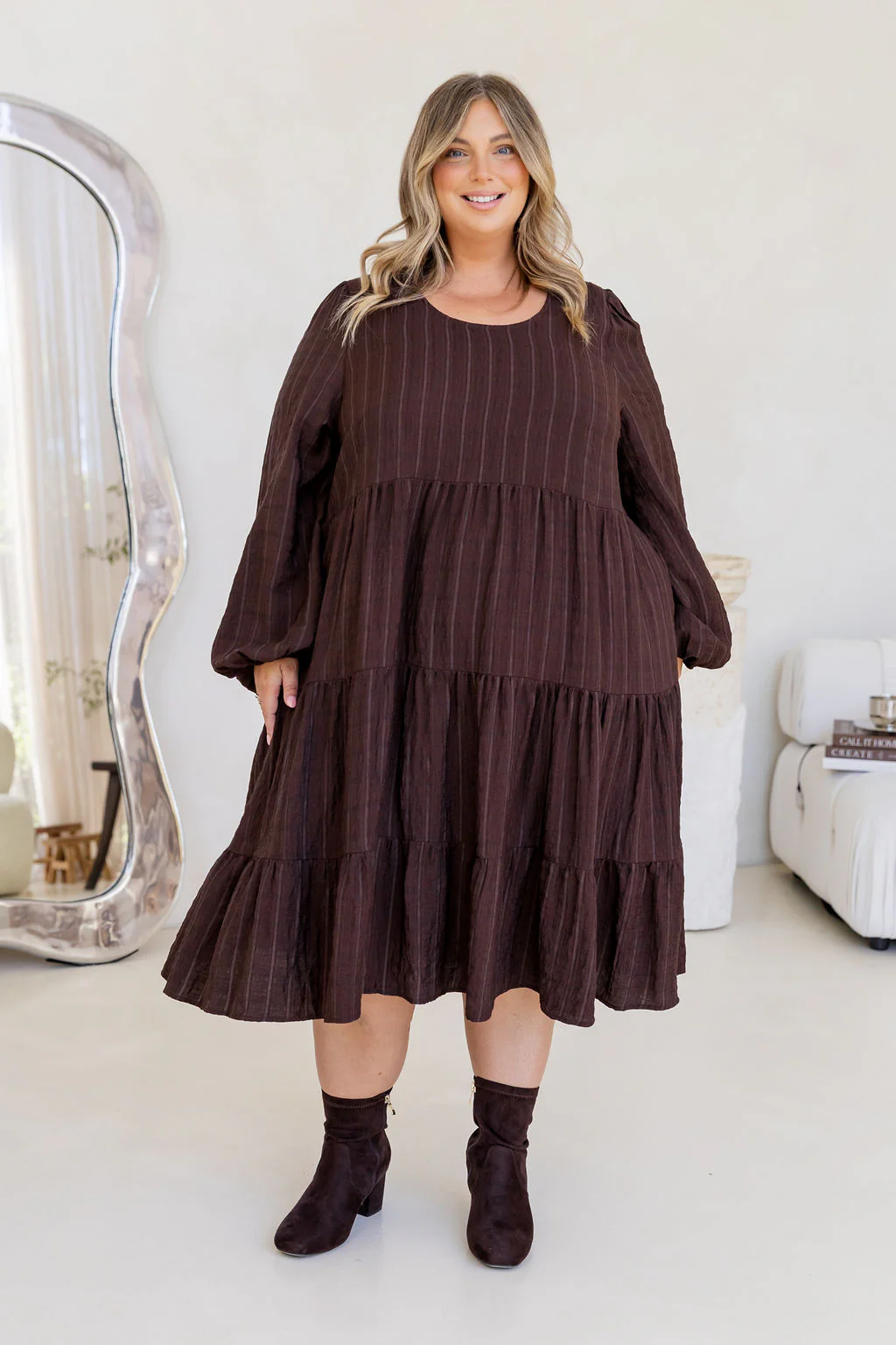 Long Sleeve Greta Midi Dress in Chocolate - Image 2
