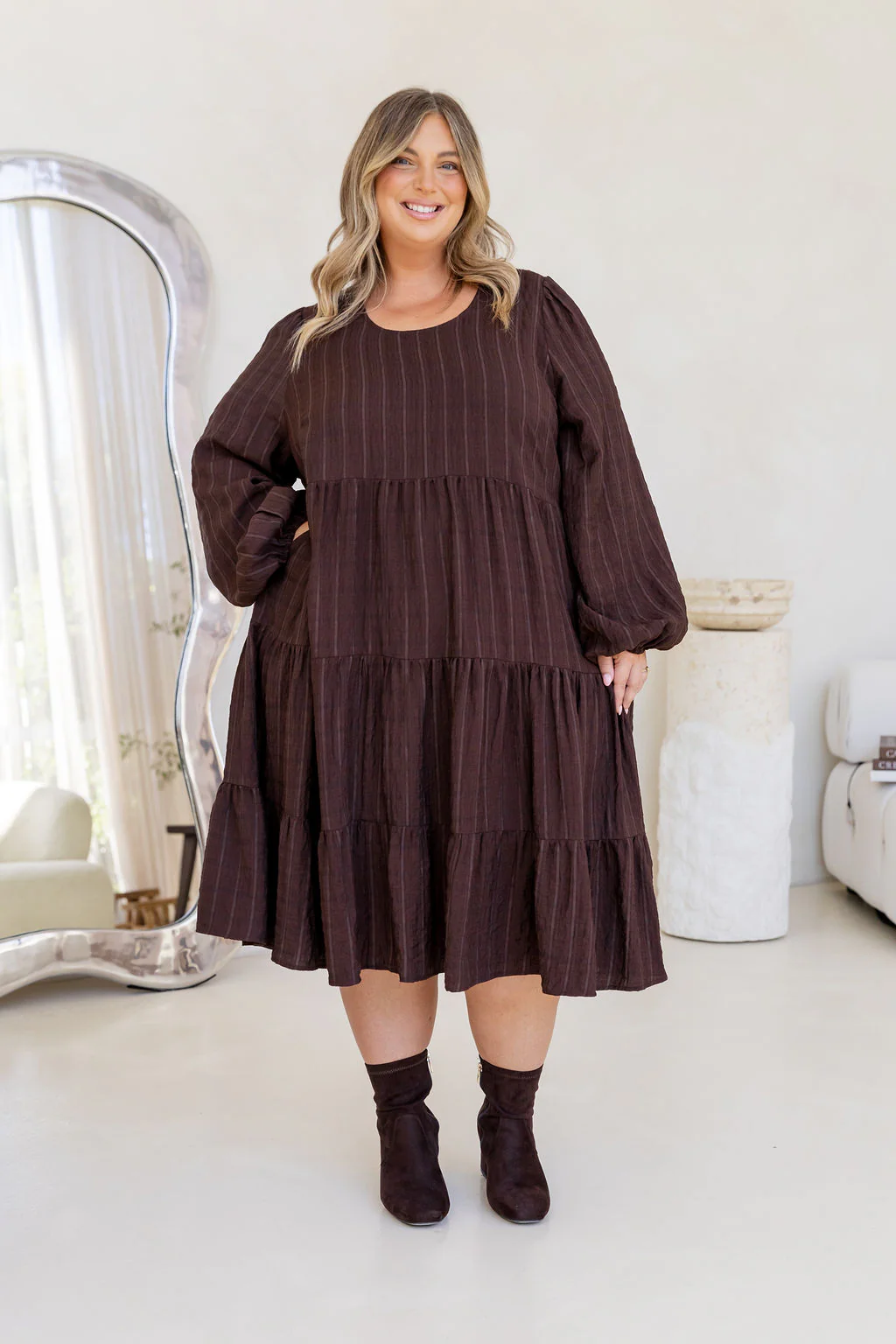 Long Sleeve Greta Midi Dress in Chocolate - Image 4