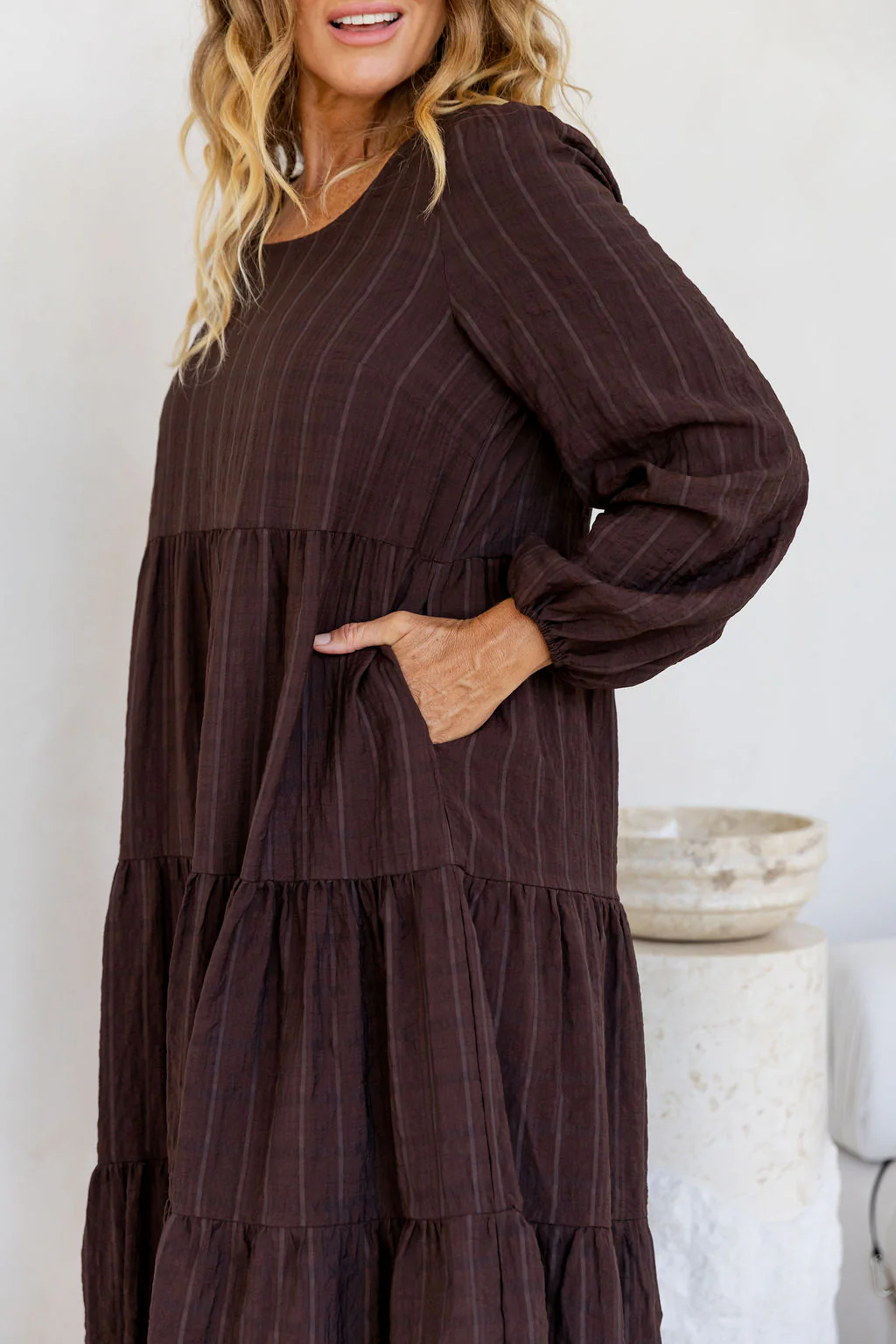 Long Sleeve Greta Midi Dress in Chocolate - Image 5