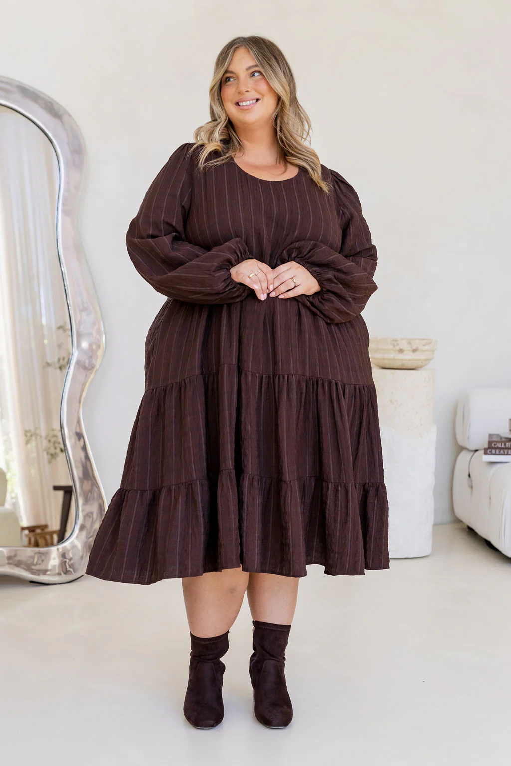 Long Sleeve Greta Midi Dress in Chocolate - Image 7