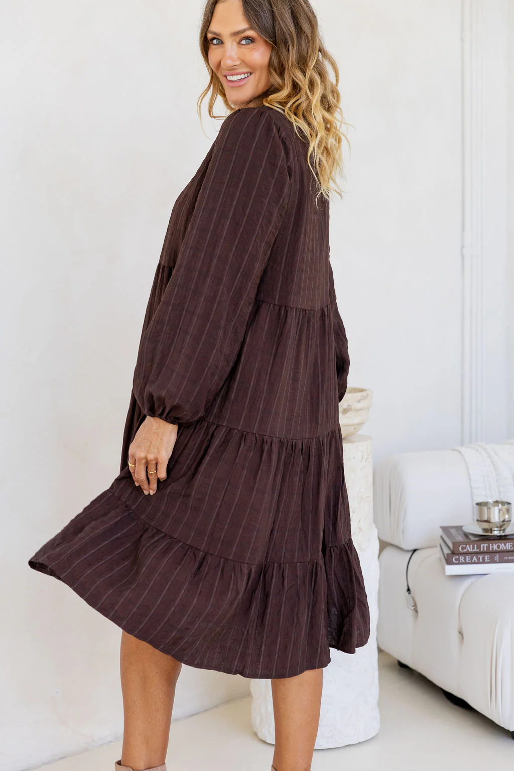 Long Sleeve Greta Midi Dress in Chocolate - Image 8