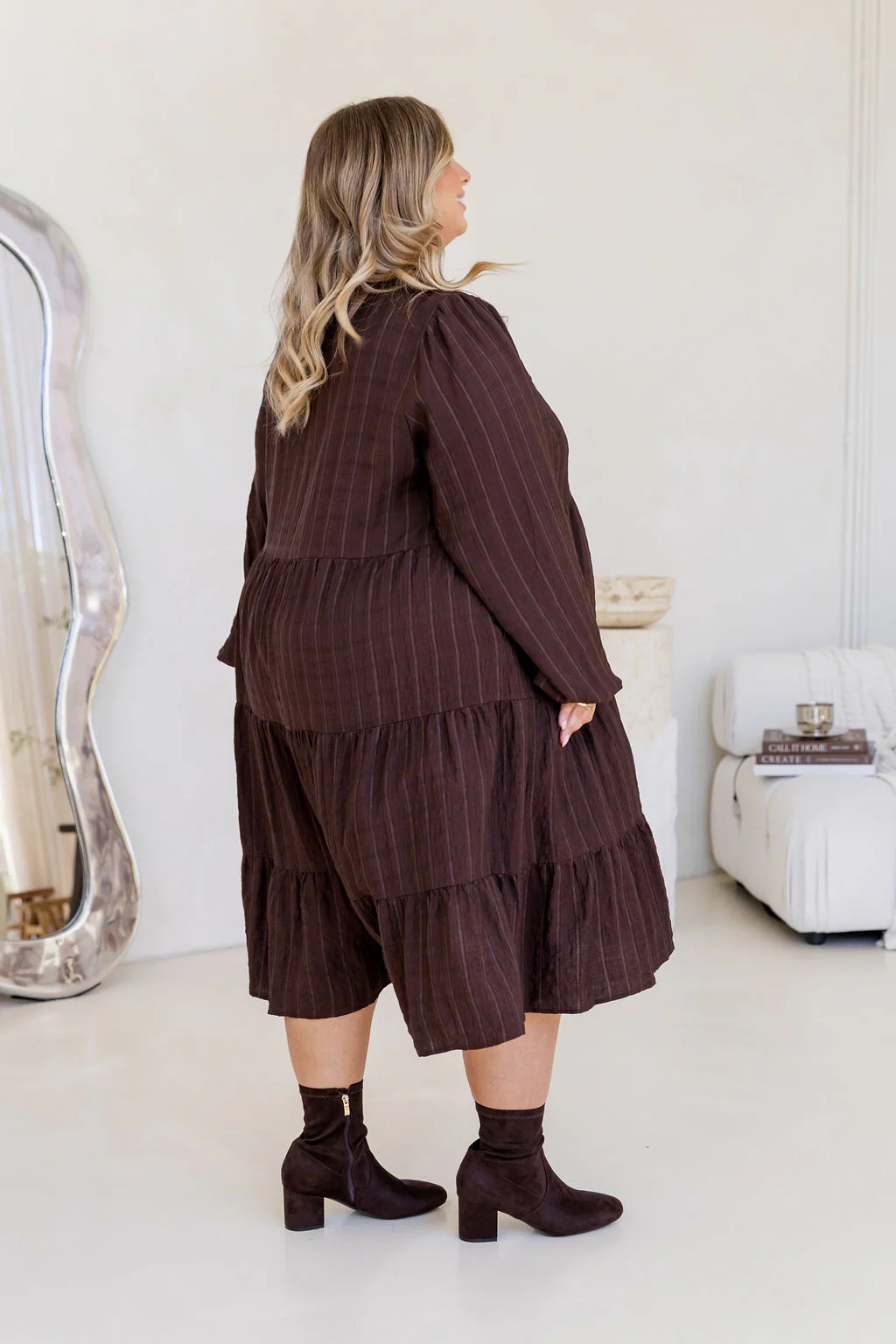 Long Sleeve Greta Midi Dress in Chocolate - Image 9