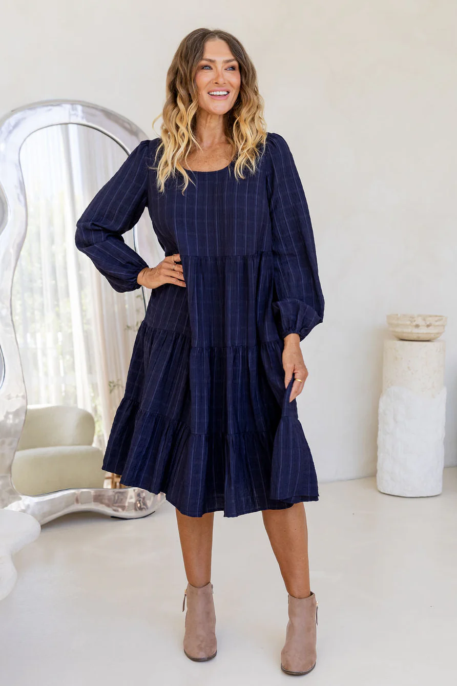 Long Sleeve Greta Midi Dress in Navy