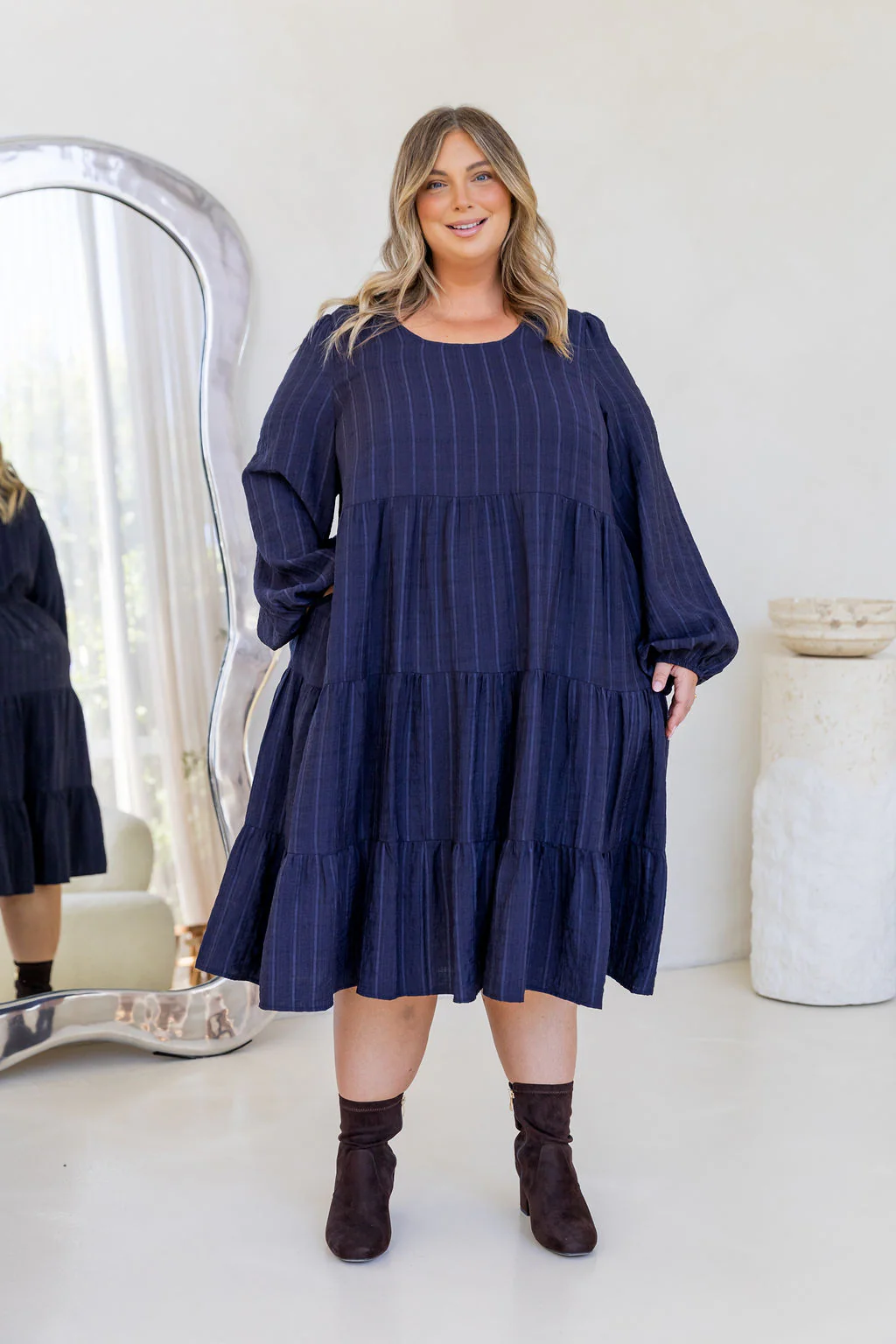 Long Sleeve Greta Midi Dress in Navy - Image 10