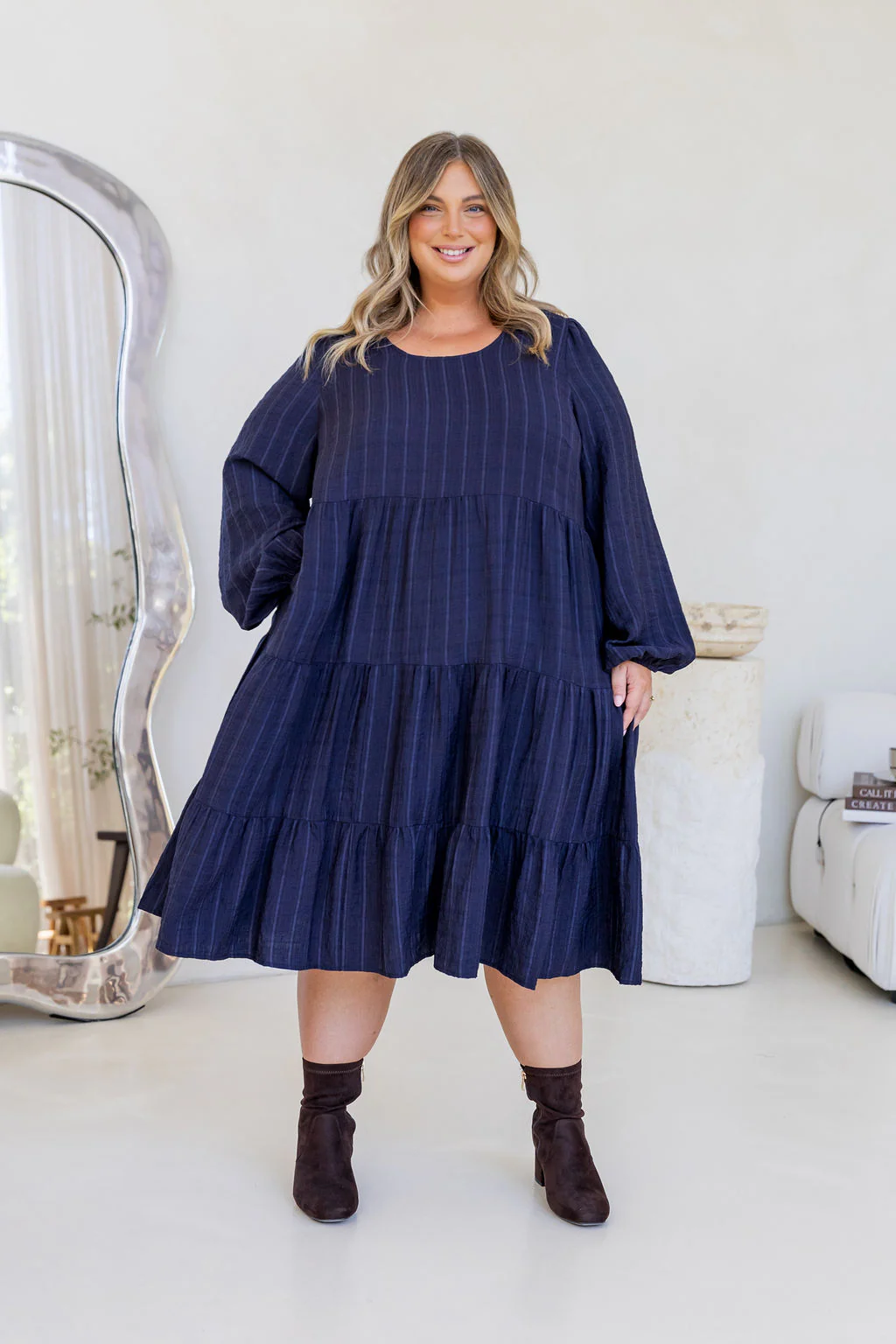 Long Sleeve Greta Midi Dress in Navy - Image 2