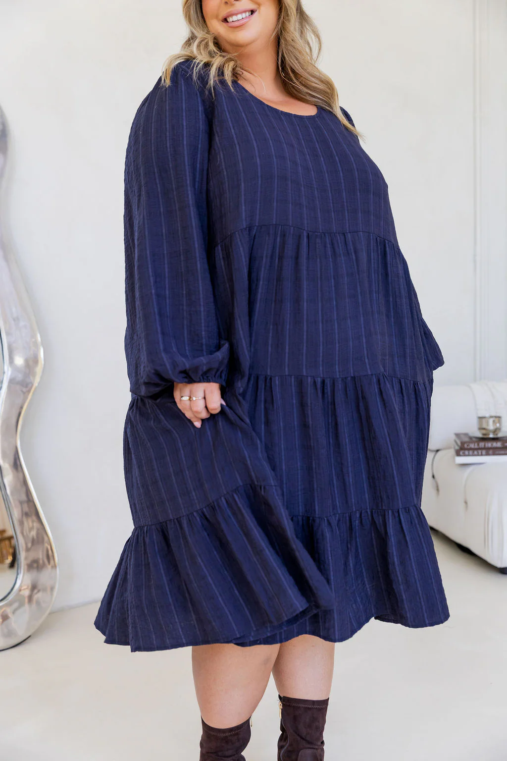 Long Sleeve Greta Midi Dress in Navy - Image 7
