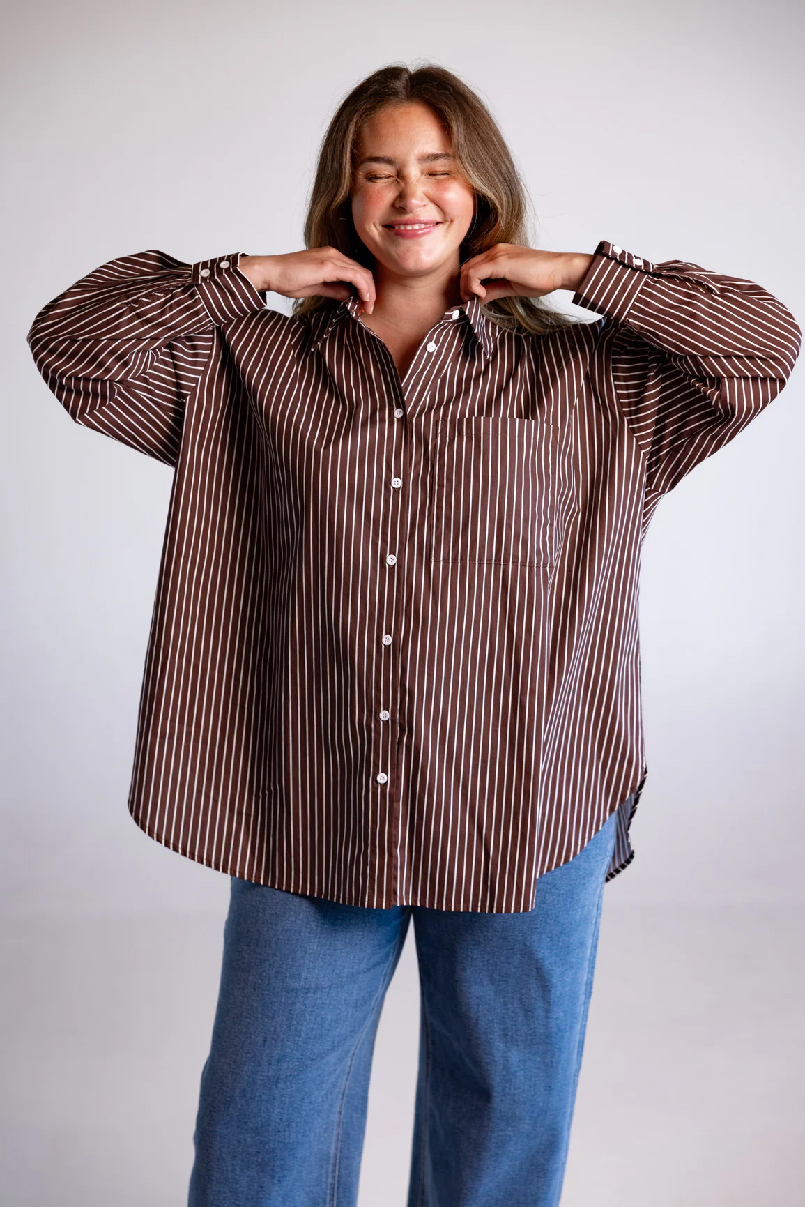 Lula Oversized Shirt in Chocolate Stripes - Image 5