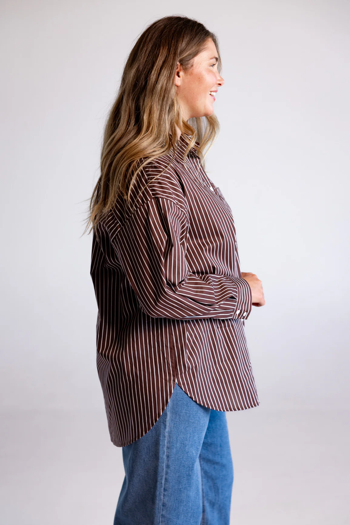 Lula Oversized Shirt in Chocolate Stripes - Image 7
