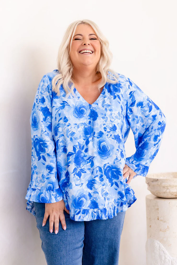 Natalie Long Sleeve Top in Blue Roses - Image 2