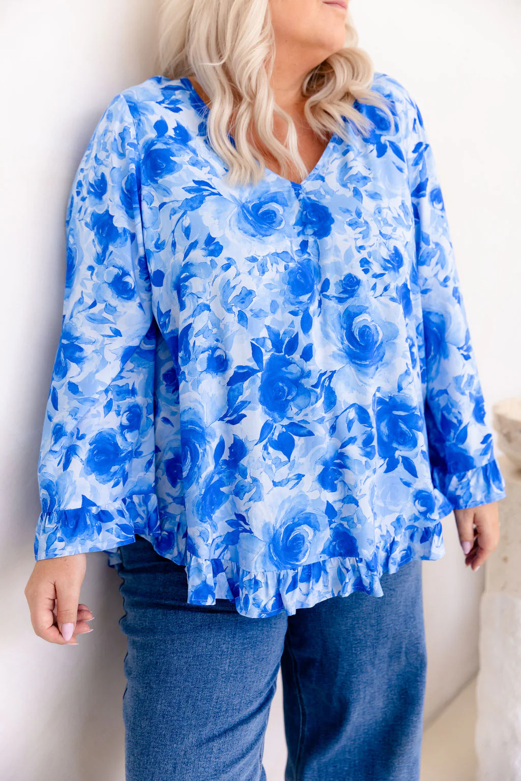 Natalie Long Sleeve Top in Blue Roses - Image 4