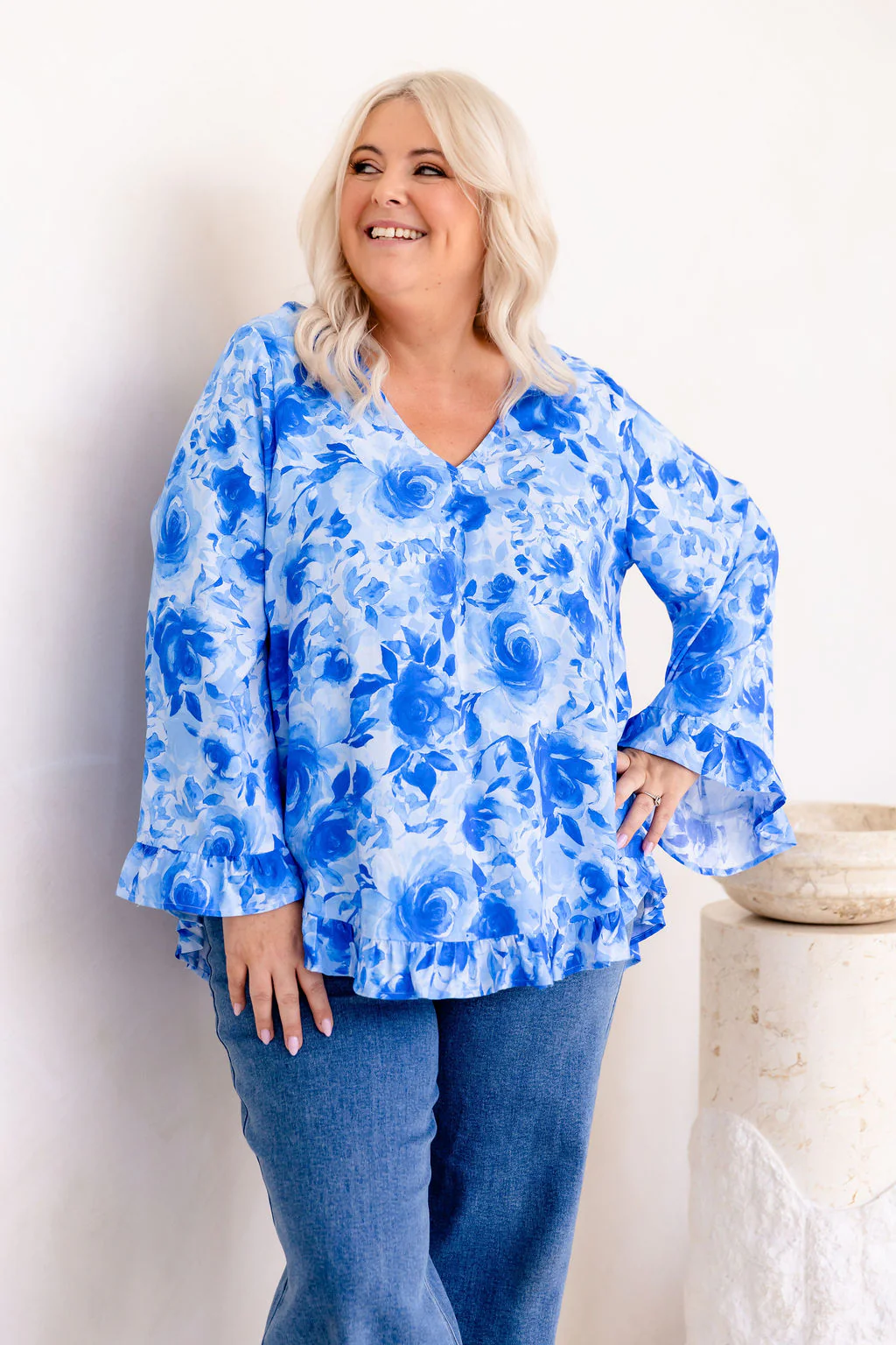 Natalie Long Sleeve Top in Blue Roses - Image 7