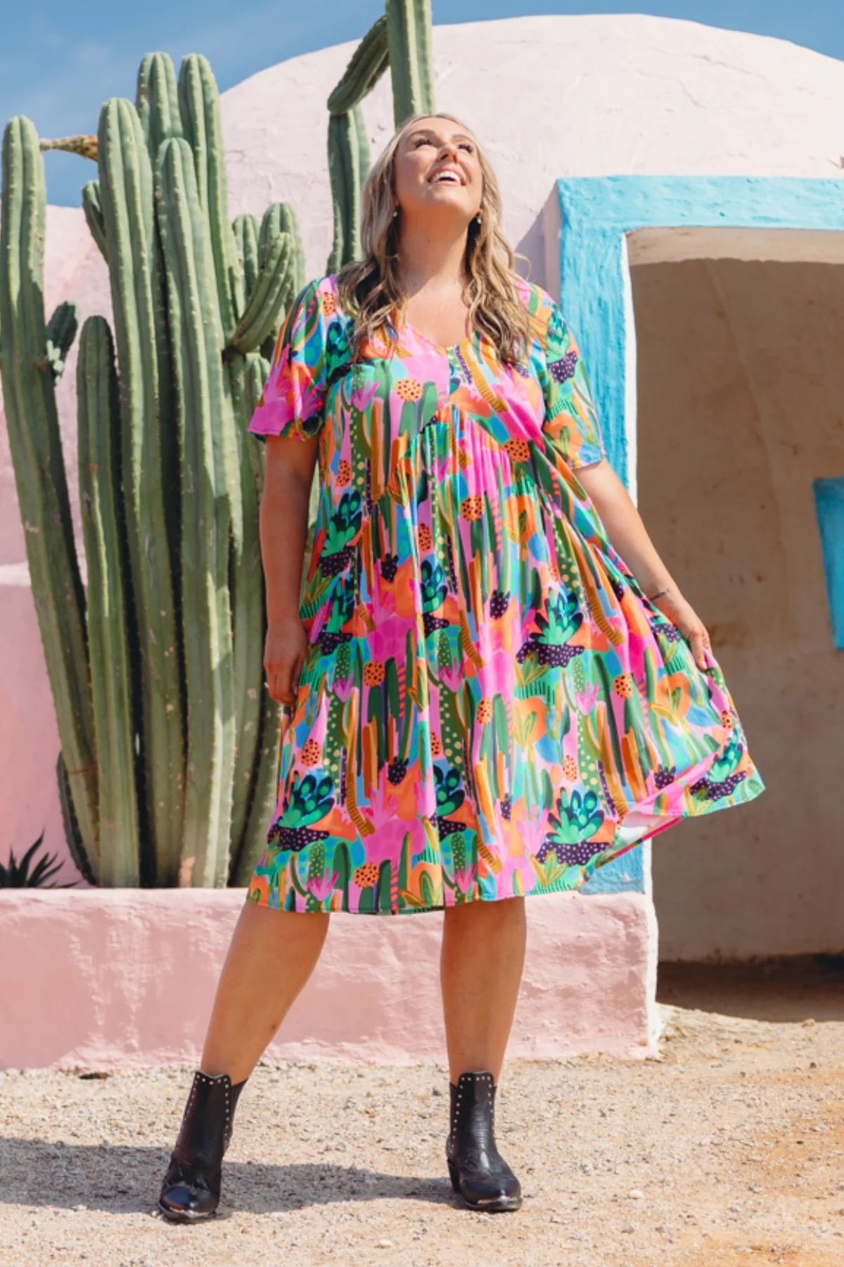 Peak Midi Dress in Neon Cactus Country by Deb McNaughton