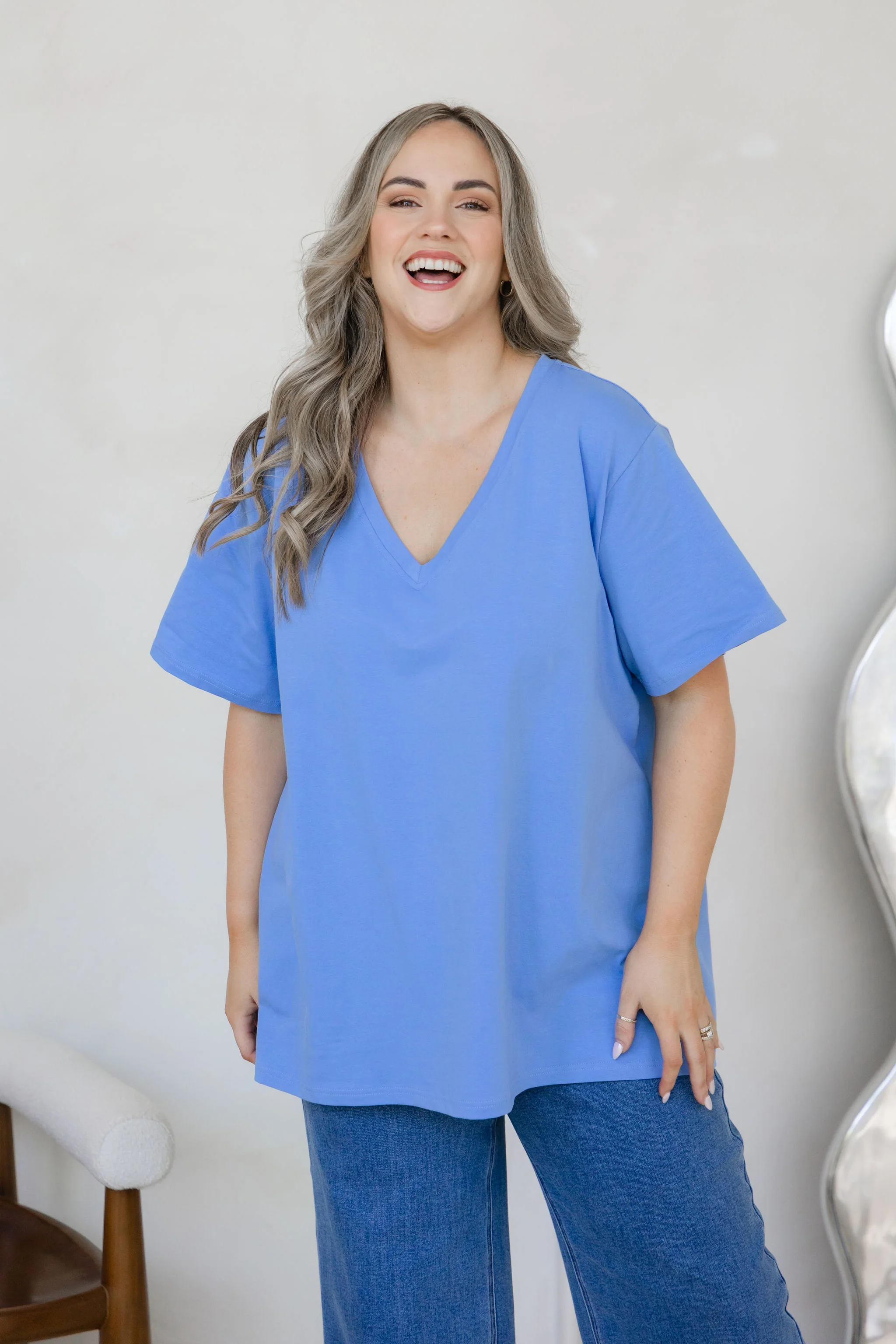 Relaxed V-Neck Tee in Cornflower Blue - Image 10