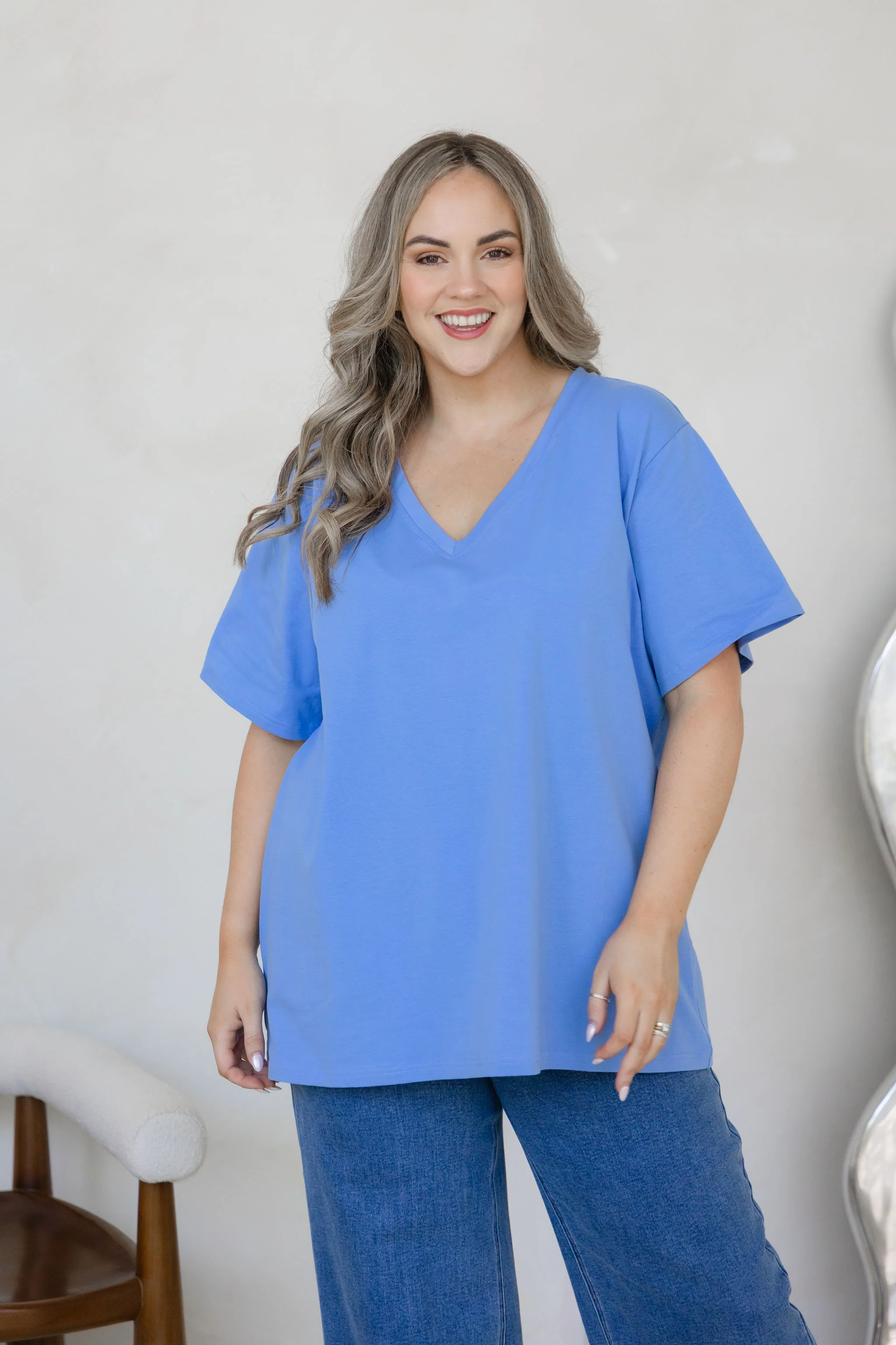 Relaxed V-Neck Tee in Cornflower Blue - Image 3