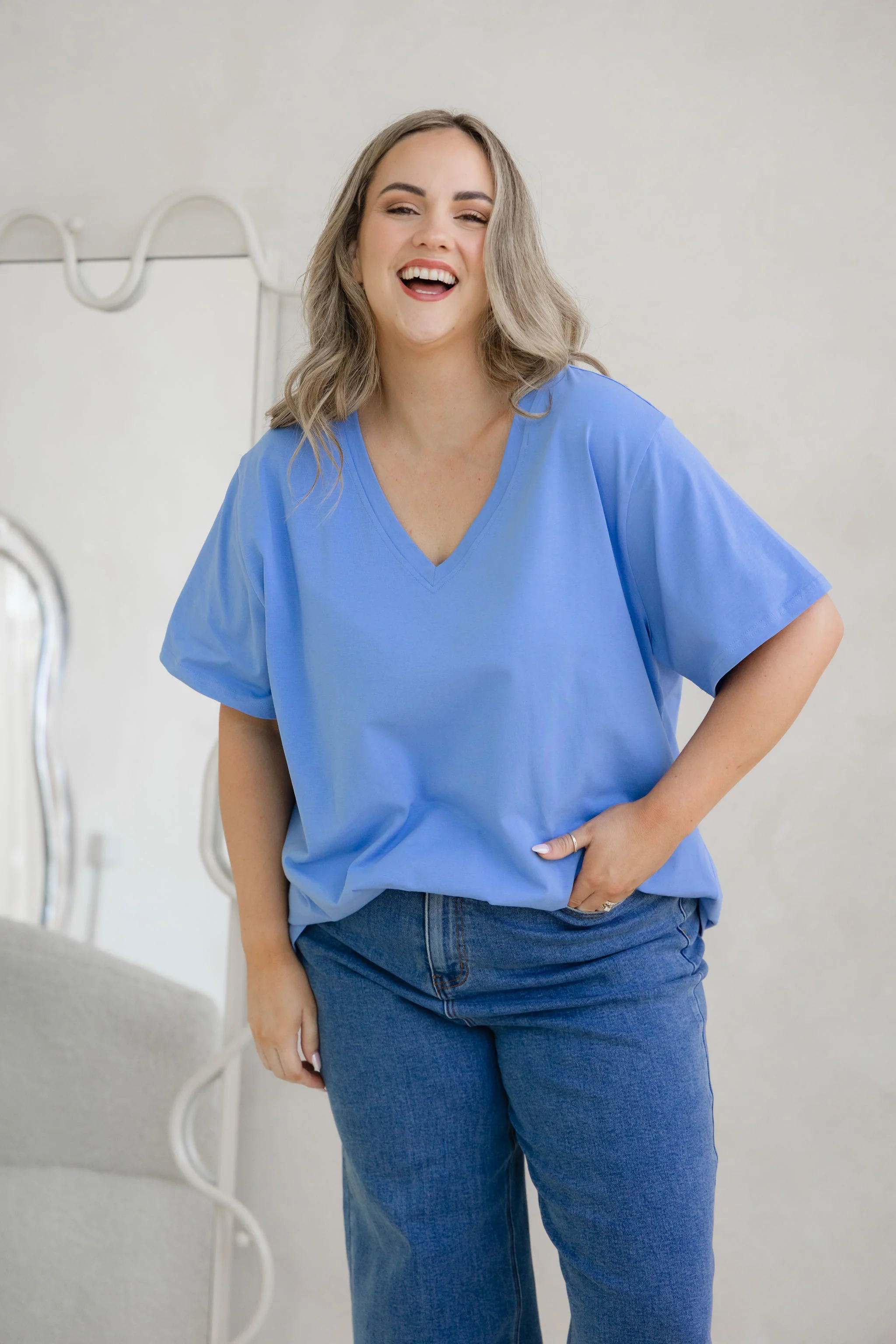 Relaxed V-Neck Tee in Cornflower Blue - Image 5