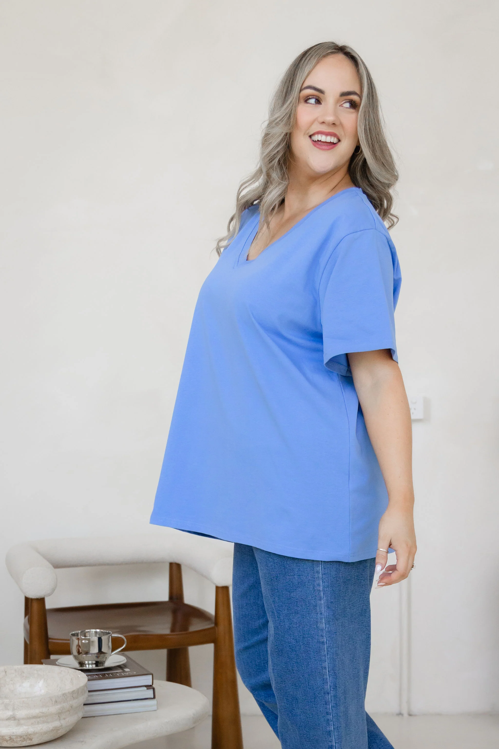 Relaxed V-Neck Tee in Cornflower Blue - Image 6