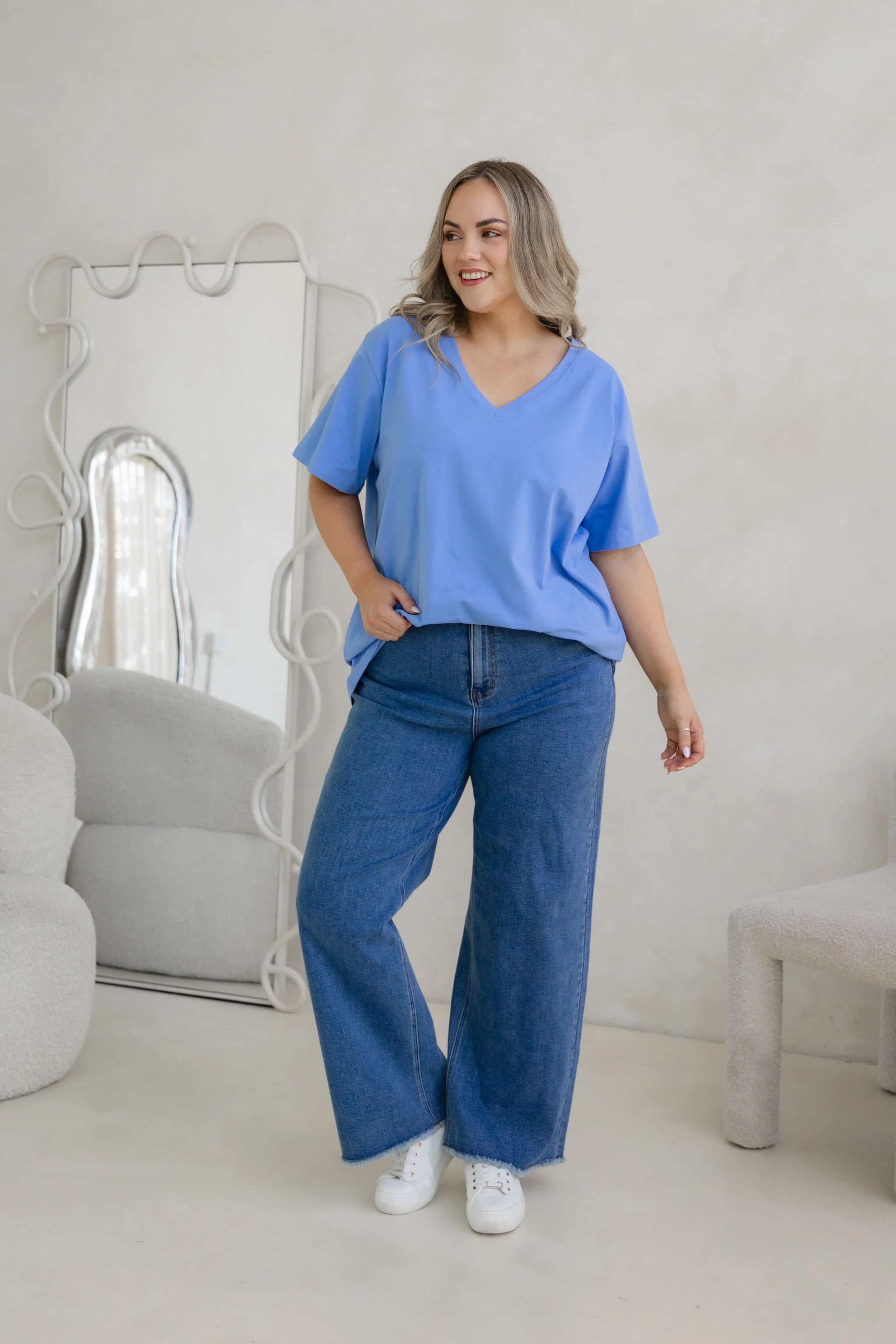 Relaxed V-Neck Tee in Cornflower Blue - Image 8
