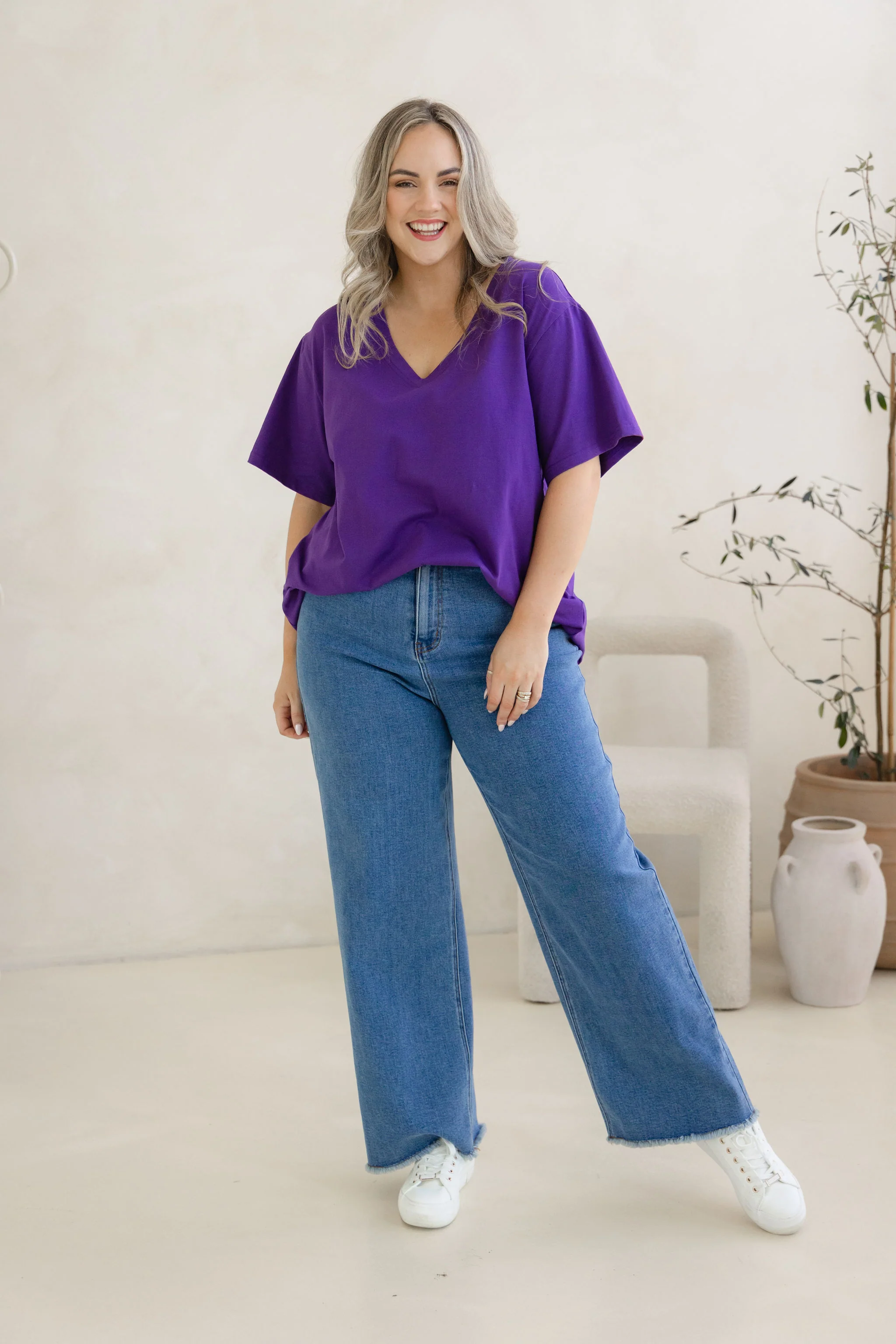 Relaxed V-Neck Tee in Purple - Image 3
