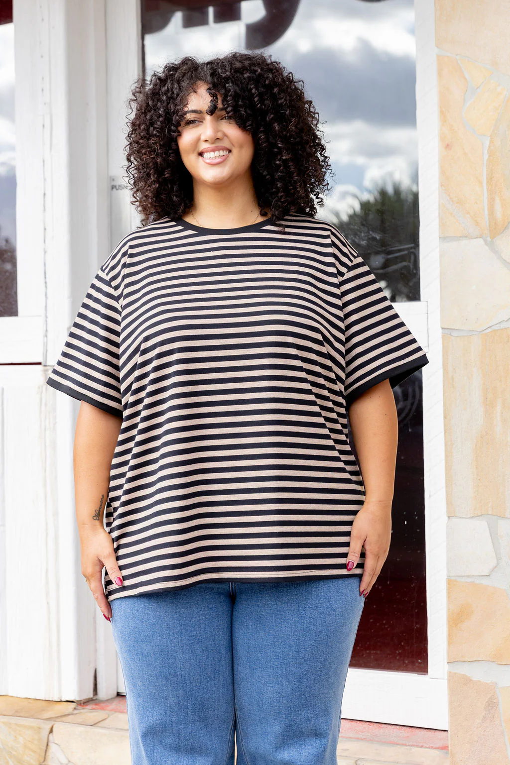 Striped Tee in Black/Oat Marle - Image 2