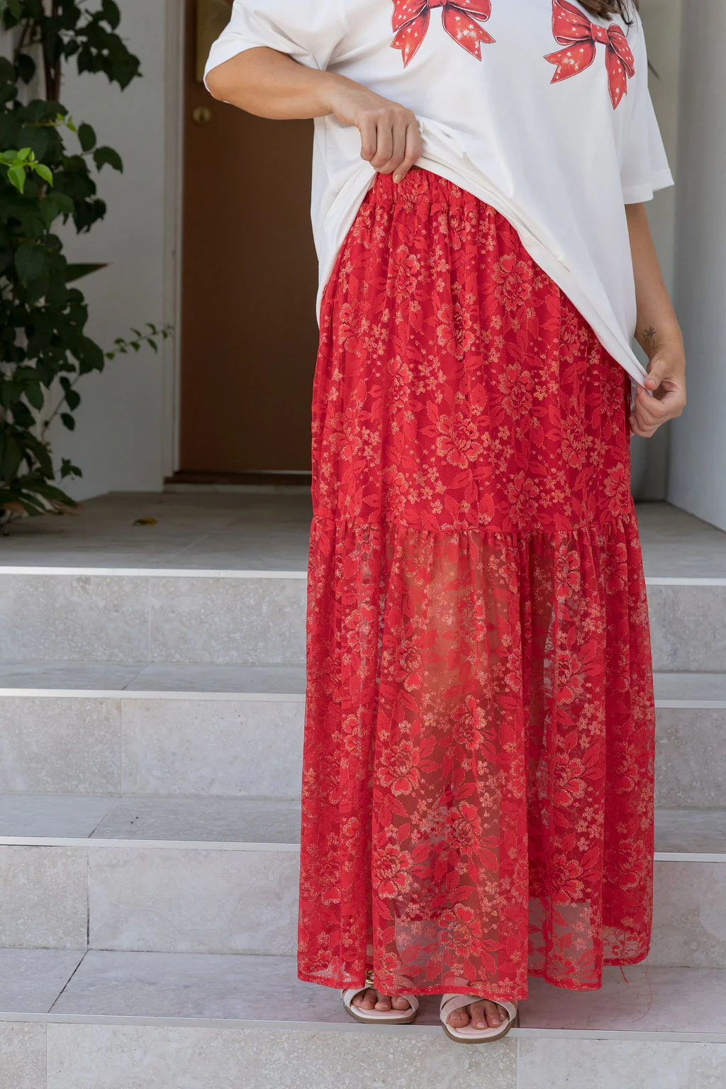 Vivien Lace Skirt in Red/Gold - Image 6