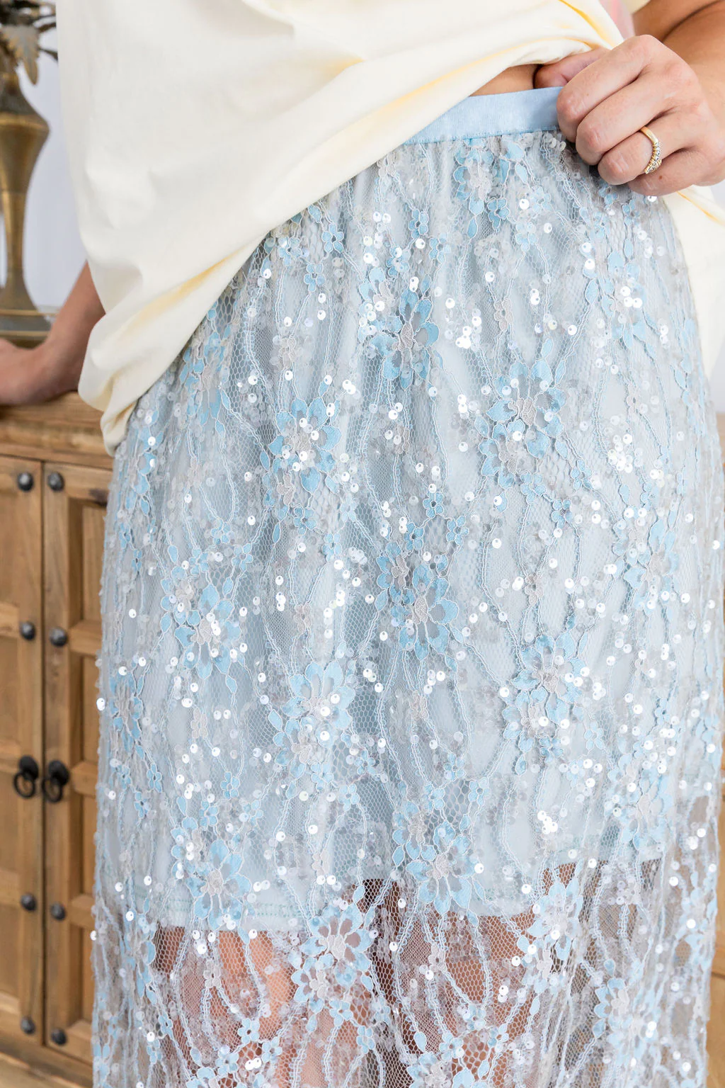 Zena Embelished Skirt in Grey/Blue Lace - Image 13